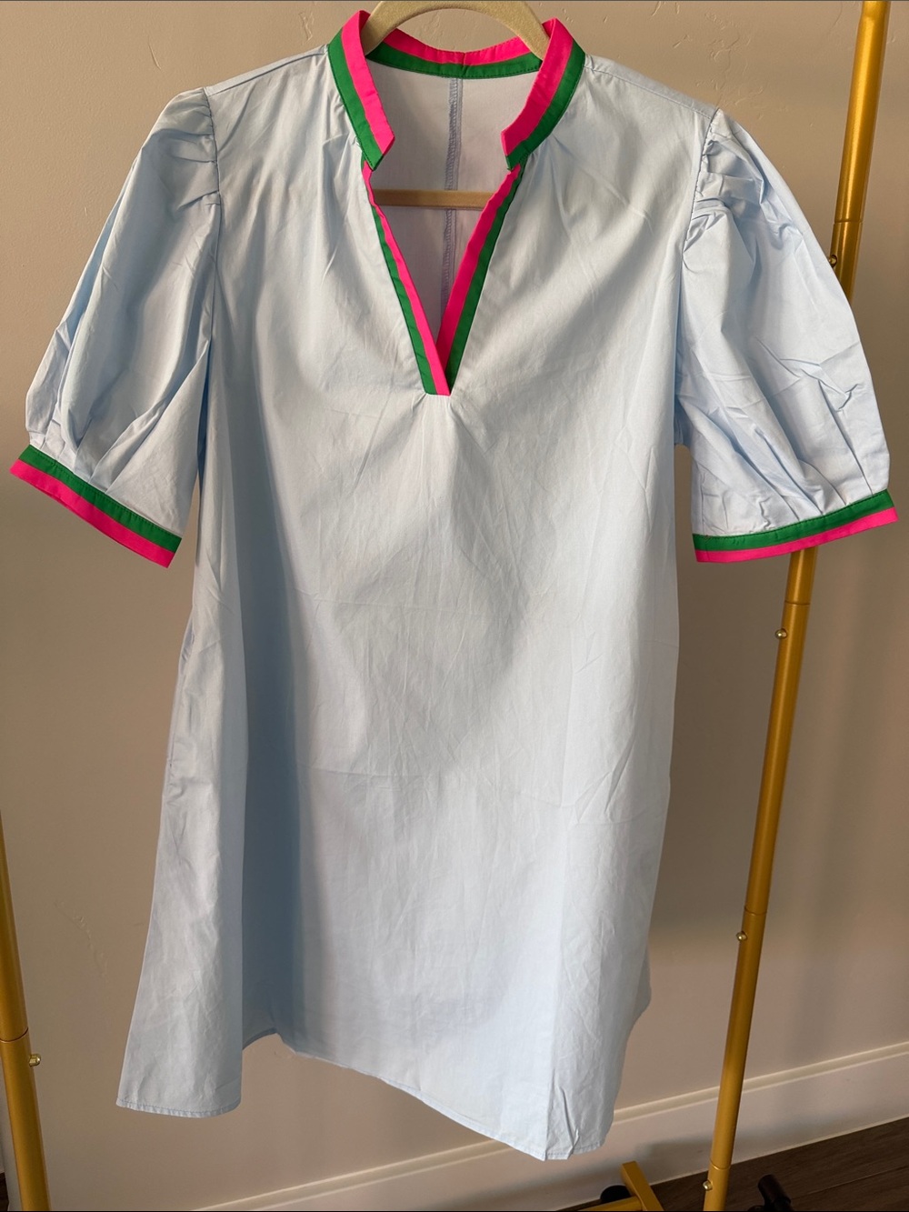 Light Blue V-Neck Swing Dress Pink & Green Trim Puff Sleeve Women’s Small NWOT - Picture 2 of 8